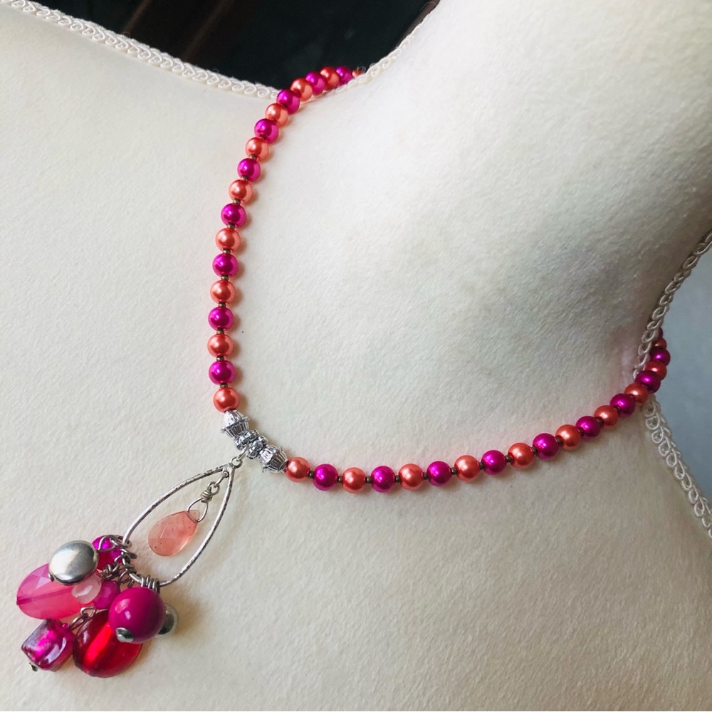 Handcrafted repurpose colorful beaded cluster pendant Czech glass Pearl necklace